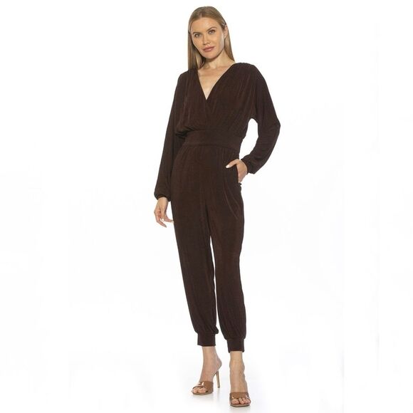 *NWT Alexia Admor Joey Long Sleeve Knit Surplice Jumpsuit in Burgundy Size XS - Picture 1 of 9
